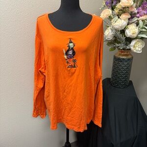 Halloween Witch Cat Graphic Top 4X Plus Orange Long Sleeve Cotton Tee